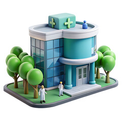 Isolated graphic of a cheerful cartoon hospital building, two doctors, and trees; 3D rendering.
