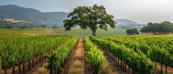 Naklejka premium The magnificent vineyard landscape with an oak tree against rolling hills.