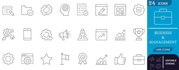 Clean and minimal 24 business and management line icons set, perfect for project planning, startup growth, performance analytics, marketing, and workflow UI,UX design.