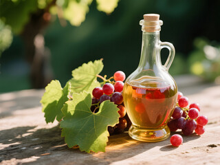 Golden Grape Vinegar in Clear Bottle on Wooden Table