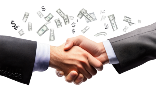 Business deal, hands shaking, money raining down