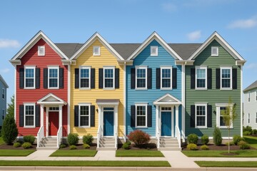 Vibrant Townhouse Facades: A row of colorful townhouses with inviting exteriors. The scene captures the charm of suburban living, with each house showcasing a unique hue and architectural style.