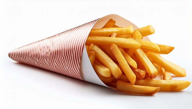 french fries in paper cone on white background