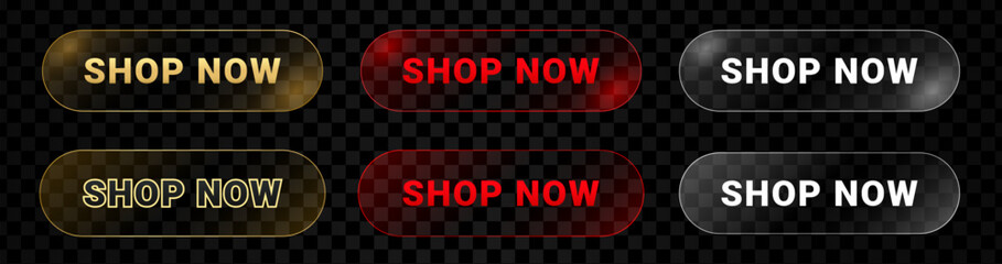 Shop now button icon set in glass effect. Buy symbol icons transparent style. Online shopping click buttons