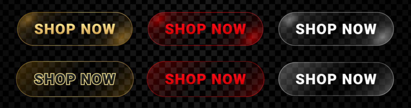 Shop now button icon set in glass effect. Buy symbol icons transparent style. Online shopping click buttons