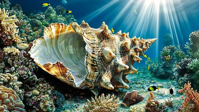 Underwater scene featuring a large conch shell amidst vibrant coral reefs and colorful fish