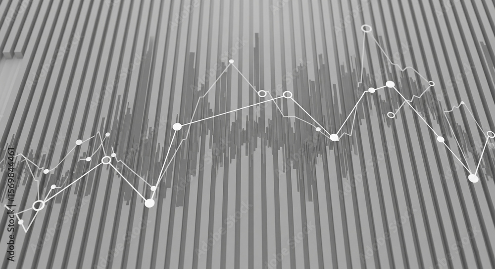 Poster abstract grayscale image featuring a line graph overlaid on a textured background of vertical bars, 