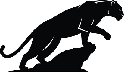 Sleek black panther poised on a rocky ledge, depicted in a striking silhouette, embodying stealth, power, and readiness to spring – an ideal vector illustration for sports teams, aggressive branding, 