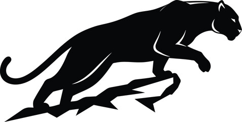 Powerful black panther in mid-leap, depicted in striking silhouette against a clean background, showcasing agility and strength – a dynamic and versatile vector illustration perfect for logos, sports 