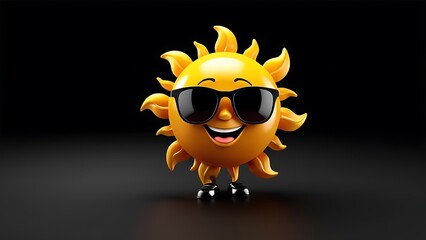 Cartoon sun character wearing sunglasses and shoes on a dark background with a happy expression