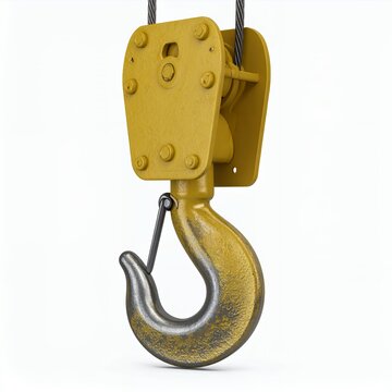 Isolated crane hook with sturdy mechanism showcasing industrial strength on white background
