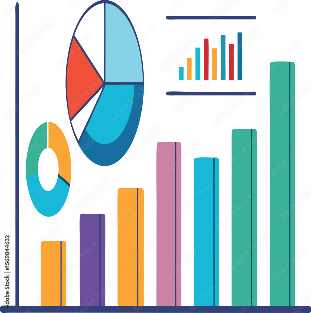Poster illustration of various data visualization elements including charts graphs and financial indicators