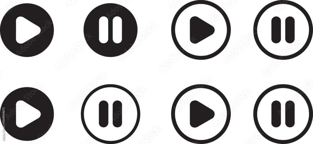 Wall mural play and pause button icon set – black and outline vector media control symbols for audio and video 