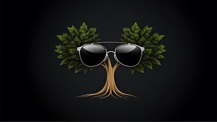 Glasses on a tree with leaves on a black background creating a whimsical and surreal composition