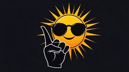 cartoon sun wearing sunglasses with a hand pointing upwards on a dark background