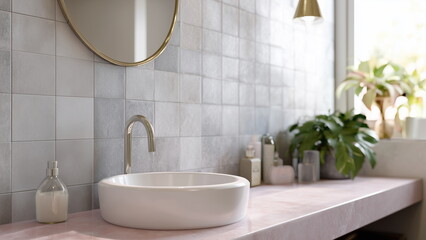 Fototapeta premium Closeup of a stylish modern bathroom with full-height wall tiles in soft matte gray.