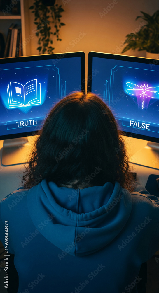 Poster person views dual computer screens displaying 