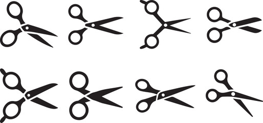 Scissors Icon Set – Black Vector Silhouettes of Cutting Tools for Office, Craft, and Hairdressing Design