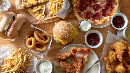 Top view of a wooden table filled with junk food, including cheeseburgers, pepperoni pizza slices, crispy fried chicken, french fries, onion rings, and dipping sauces, soft drink cans.