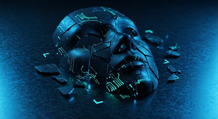 Fractured digital mask revealing biometric scan lines on chrome surface for deepfake detection concept