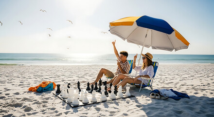A couple enjoys a game of chess on a sunny beach, under an umbrella.