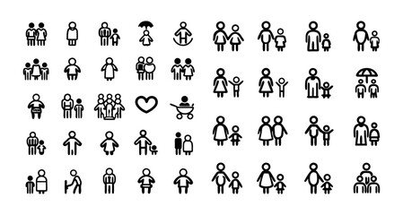 Family and Parenting Line Icon Set – Thin Vector Illustration of Couples, Children, Single Parents, Baby, Newborn, Teenager, and Elderly Family Members