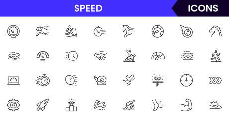 Speed vector web line icon collection, sleek illustrations of velocity, timers, dashes, high-energy designs.
