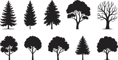 Fototapeta premium Tree Silhouette Vector Set – Black Trees Collection with Pine, Deciduous, and Leafless Designs for Nature and Landscape Projects