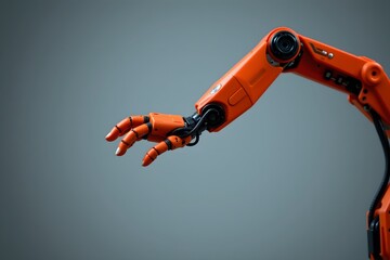 Naklejka premium Robotic Arm Technology: Futuristic robotic arm. A close-up shot of an orange robotic arm against a neutral backdrop. Highlighting its design and engineering. Capturing technological progress