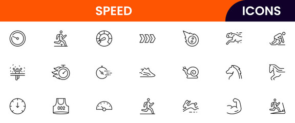Speed vector web line icon collection, sleek illustrations of velocity, timers, dashes, high-energy designs.