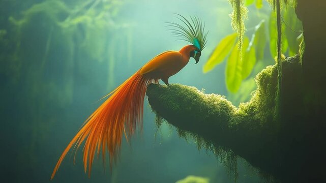 Stunning Red Bird of Paradise in Lush Rainforest, Vibrant Colors and Nature Beauty
