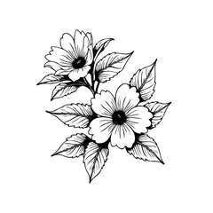 Botanical illustration of blooming flowers and leaves in black and white minimalistic artwork style drawing
