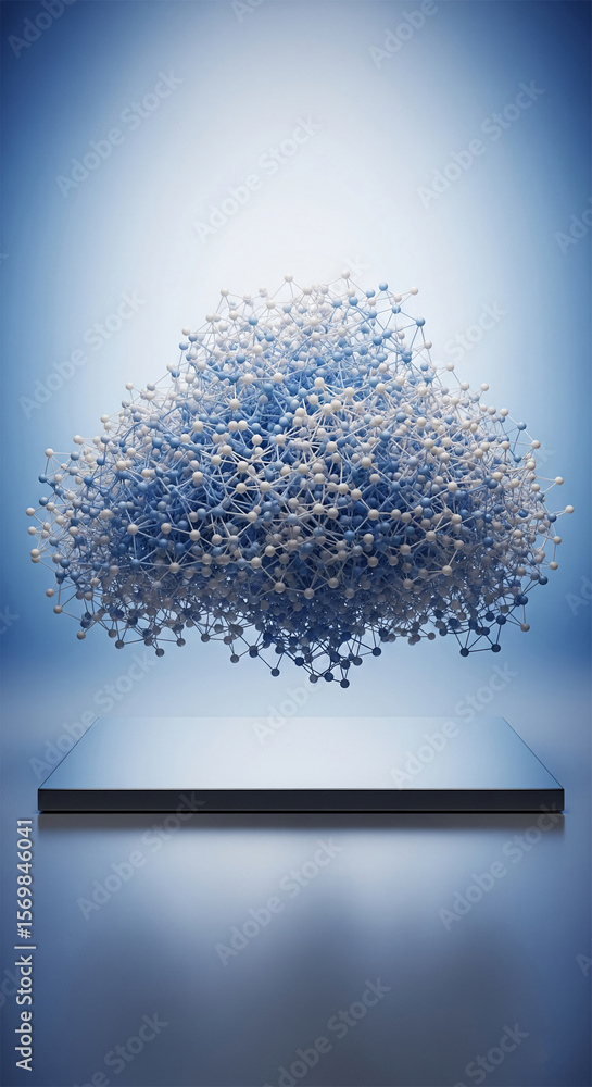 Poster abstract 3d rendering of a cloud-like structure composed of interconnected spheres, displayed on a s