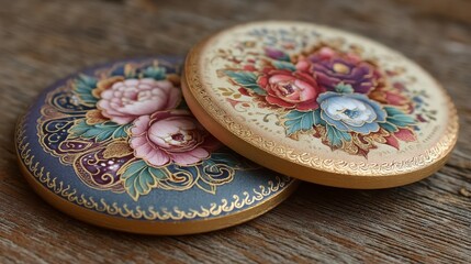 Two ornate circular decorative pieces on a rustic wooden surface, featuring intricate floral motifs with gold trim, vibrant colors, and elegant designs.