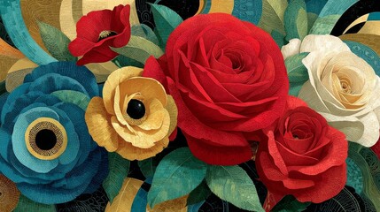 Vivid floral arrangement with large red and white roses, striking blue and golden-yellow blooms, green leaves, and abstract mosaic background in teal, gold, and black tones.
