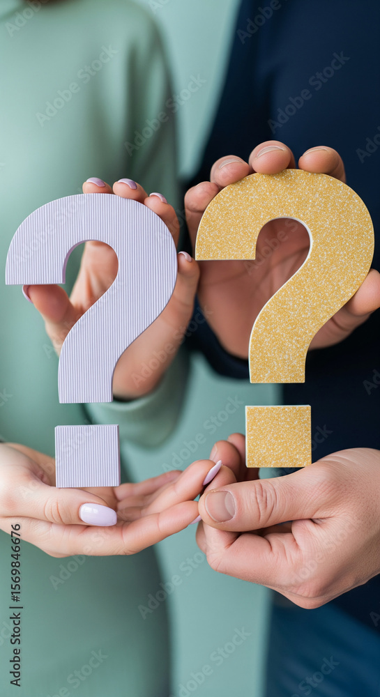 Poster close-up of two hands holding textured question marks, one lilac, one gold, symbolizing uncertainty 