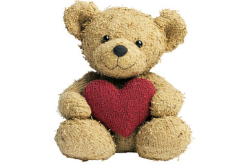 Obraz premium Adorable teddy bear holding heart; isolated on transparent PNG, Valentine's Day.