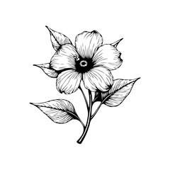 Elegant floral botanical illustration featuring detailed black line drawing of a blossom with leaves on white background
