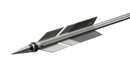 Close up of a silver arrow with gray fletching against a black background in a studio shot