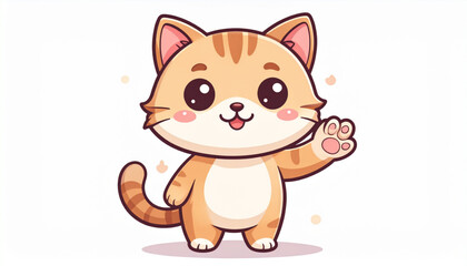 Adorable cartoon ginger cat waves hello with a paw.