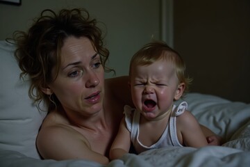 A tired white mother with messy hair looks sad and defeated as her child cries and fusses nearby. They are in a small bedroom with soft, muted lighting