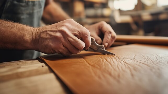 Skilled artisan crafts leather goods in workshop during daylight
