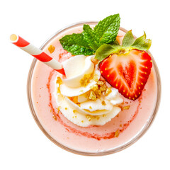 Delicious strawberry smoothie topped with whipped cream and fresh strawberry isolated on transparent background
