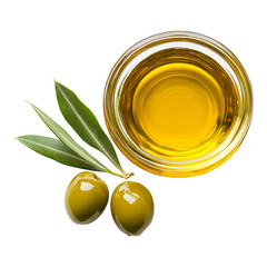 Fresh green olives and golden olive oil in a glass bowl isolated on transparent background