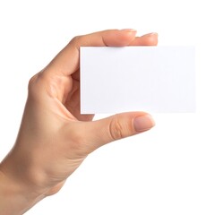 Obraz premium Hand holding blank business card isolated on white background.