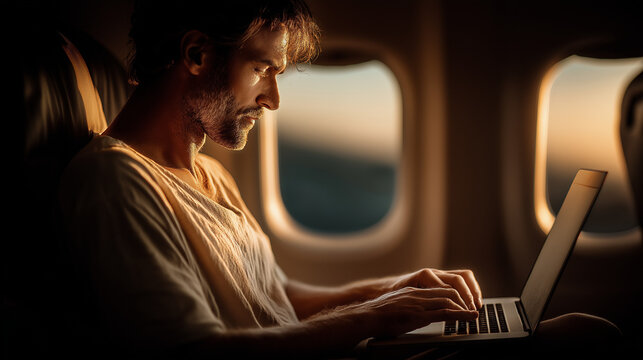 Focused Traveler Working on Laptop: A focused individual, illuminated by the golden glow of the setting sun filtering through the airplane window, engrossed in work on a laptop during flight.