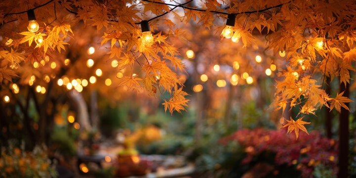 The enchanting glow of illuminated autumn leaves in a tranquil garden setting - Powered by Adobe