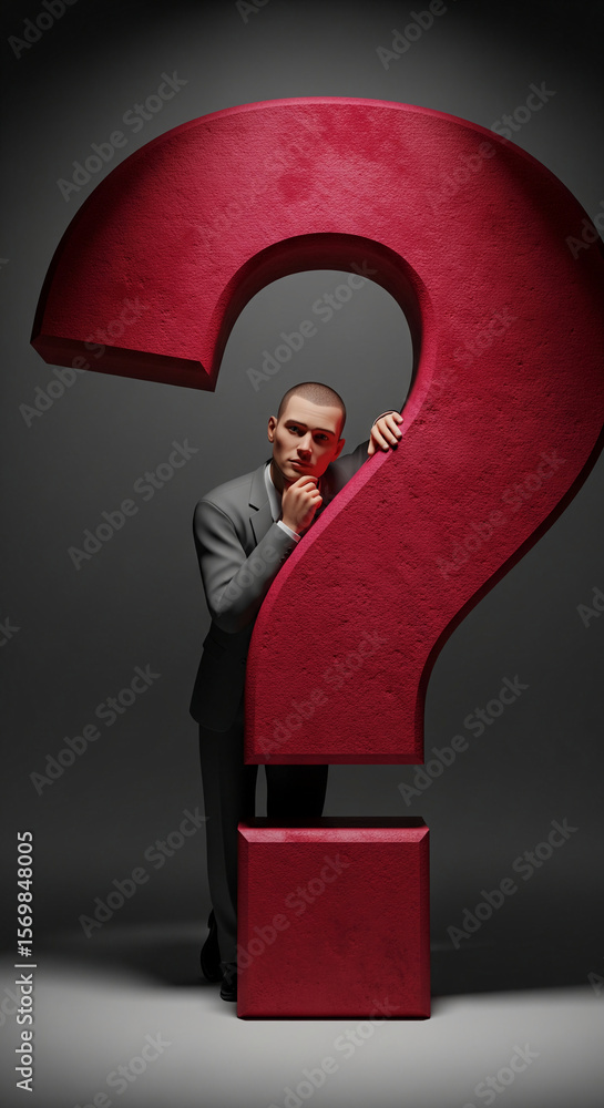 Poster man in suit stands behind large red question mark, symbolizing uncertainty, decision-making, or prob