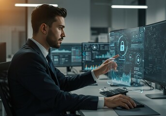 Data security expert works with a digital interface securing company information on multiple computer screens in the office.