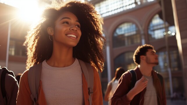 Young woman with curly hair smiles while walking in urban setting during golden hour with friends nearby